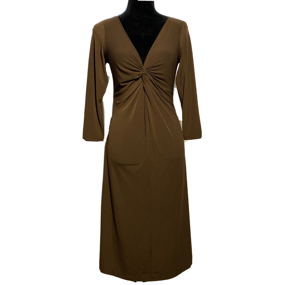 LONDON TIMES‎ Dress 10 Chocolate Brown Jersey Knit Midi Sexy V Neck Twist